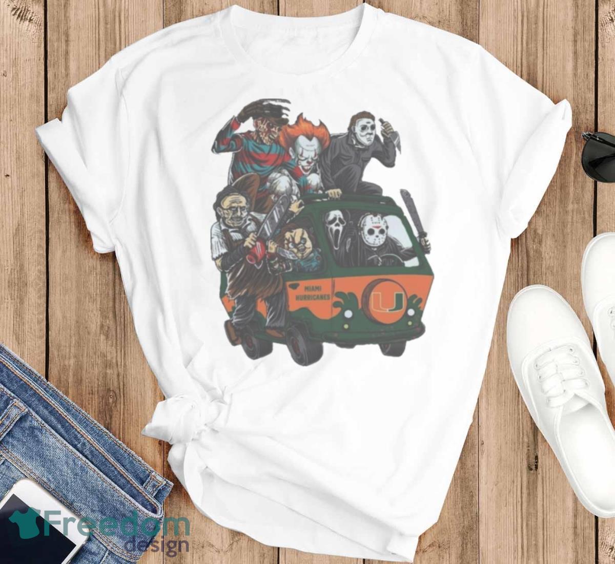 Miami Hurricanes Horror Movies Characters Bus Halloween 2023 T Shirt - T-SHIRT FLAT