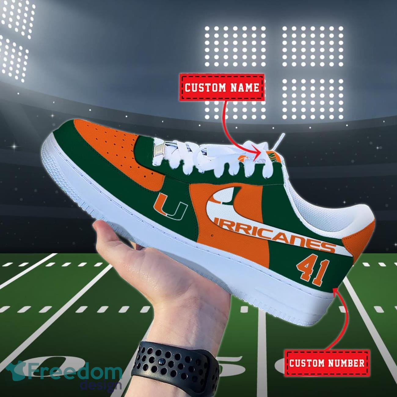 Miami Hurricanes NCAA Air Force Shoes Custom Name Product Photo 2