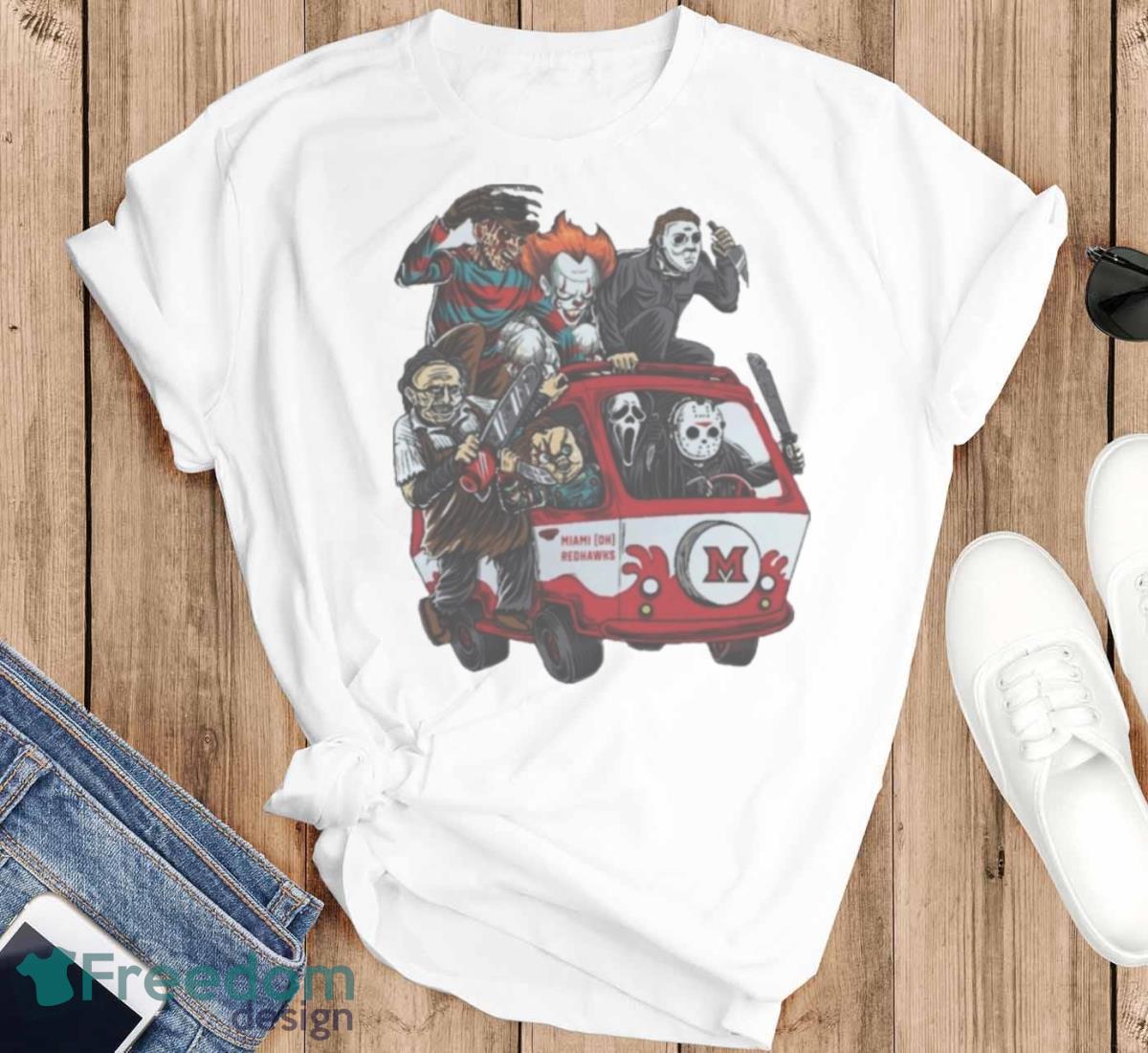 Miami RedHawks Horror Movies Characters Bus Halloween 2023 T Shirt - T-SHIRT FLAT