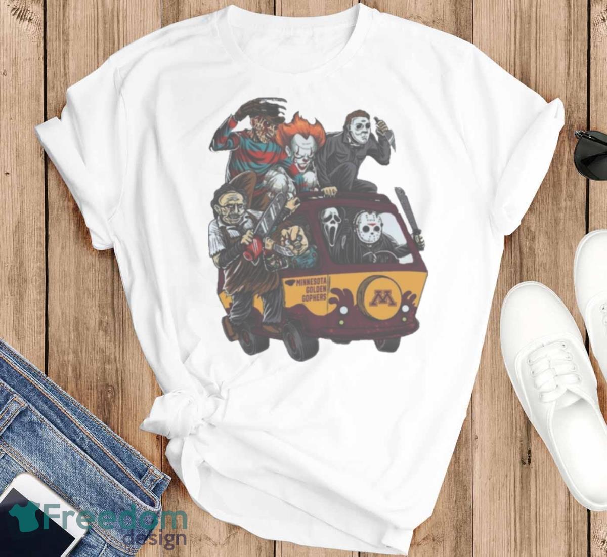 Minnesota Golden Gophers Horror Movies Characters Bus Halloween 2023 T Shirt - T-SHIRT FLAT