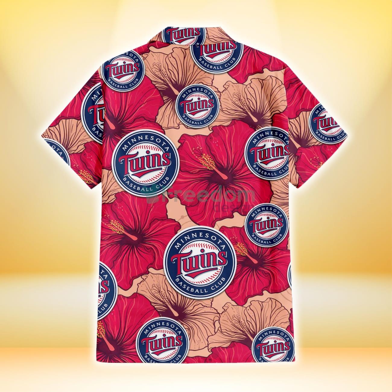 Minnesota Twins Red Beige Hibiscus Beige Background 3D Hawaiian Shirt Gift  For Fans - Freedomdesign