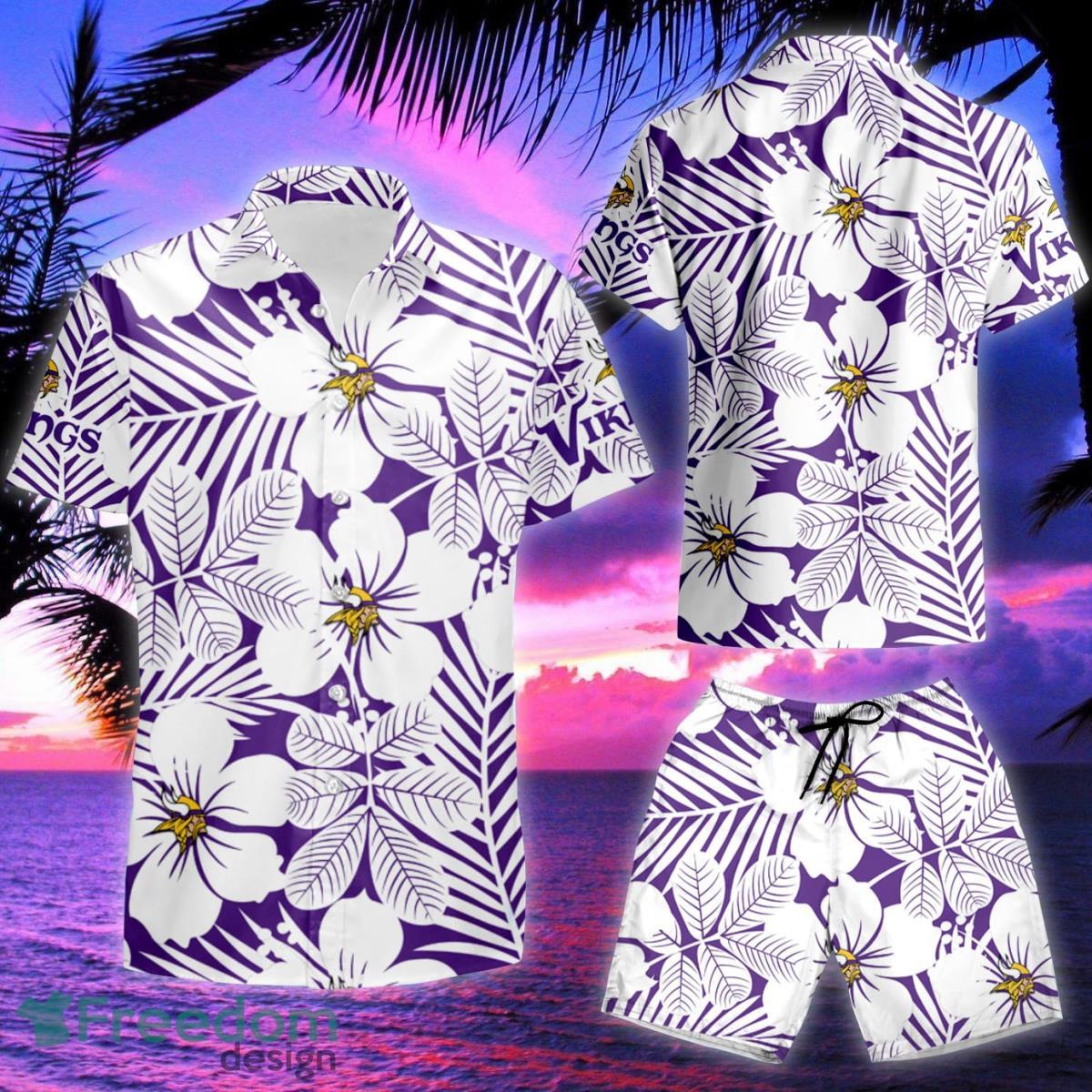 Minnesota Vikings Many Logo And Flower Hawaiian Shirt & Short Product Photo 2