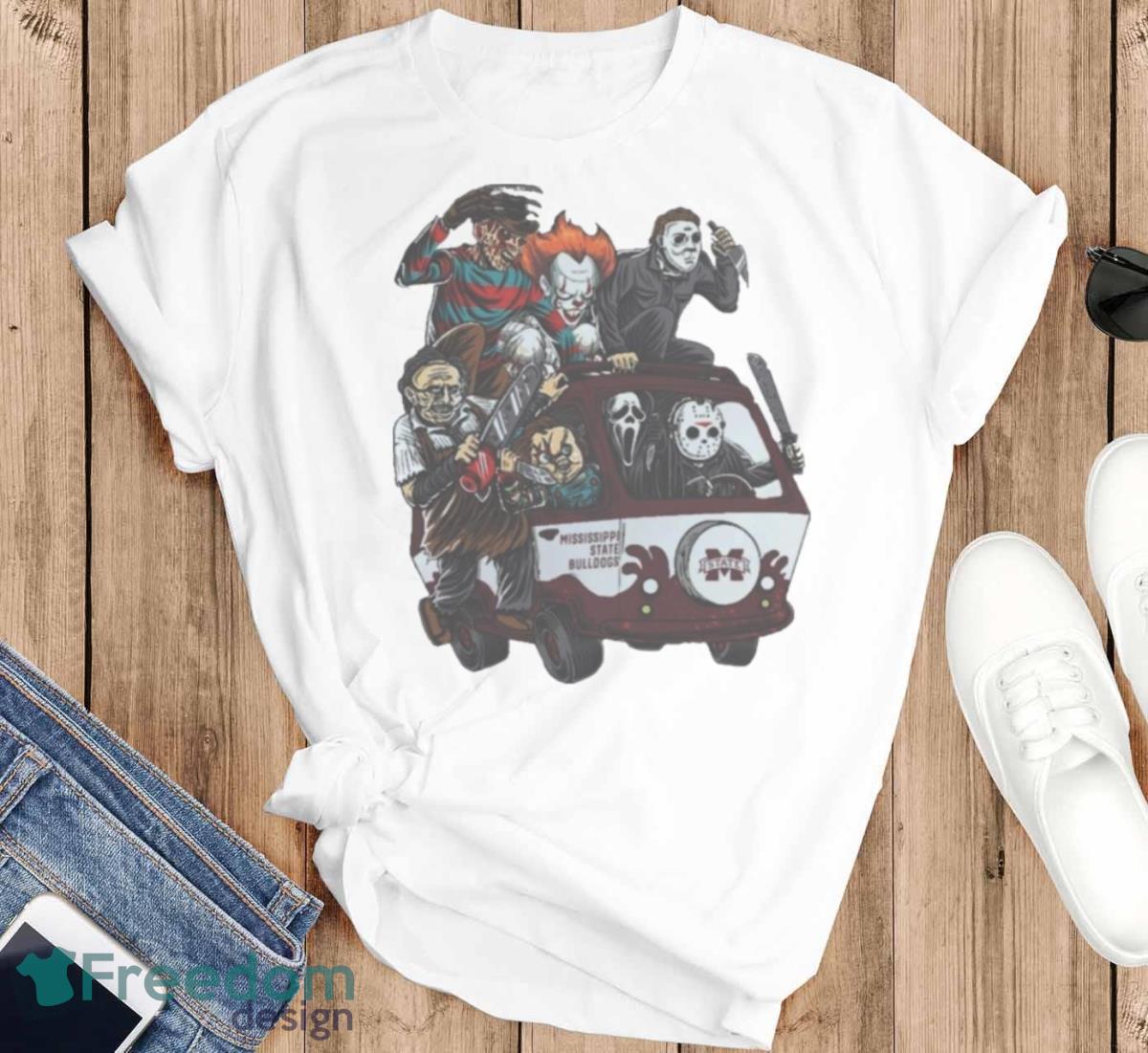 Mississippi State Bulldogs Horror Movies Characters Bus Halloween 2023 T Shirt - T-SHIRT FLAT