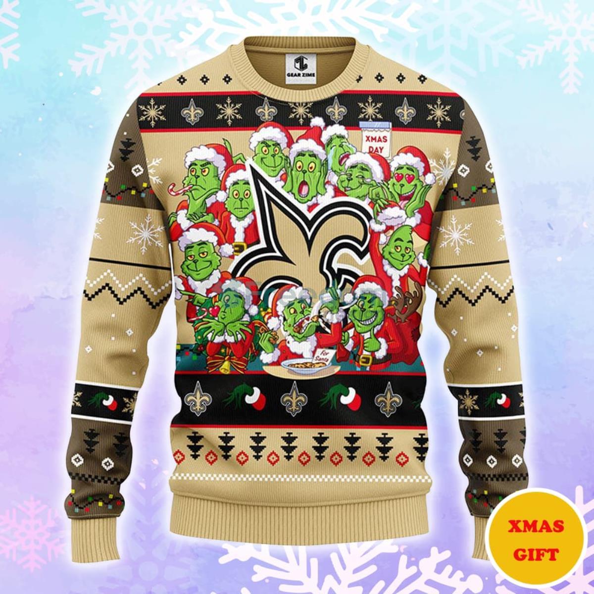 New Orleans Saints 12 Grinch Xmas Day Christmas AOP Sweater Product Photo 1