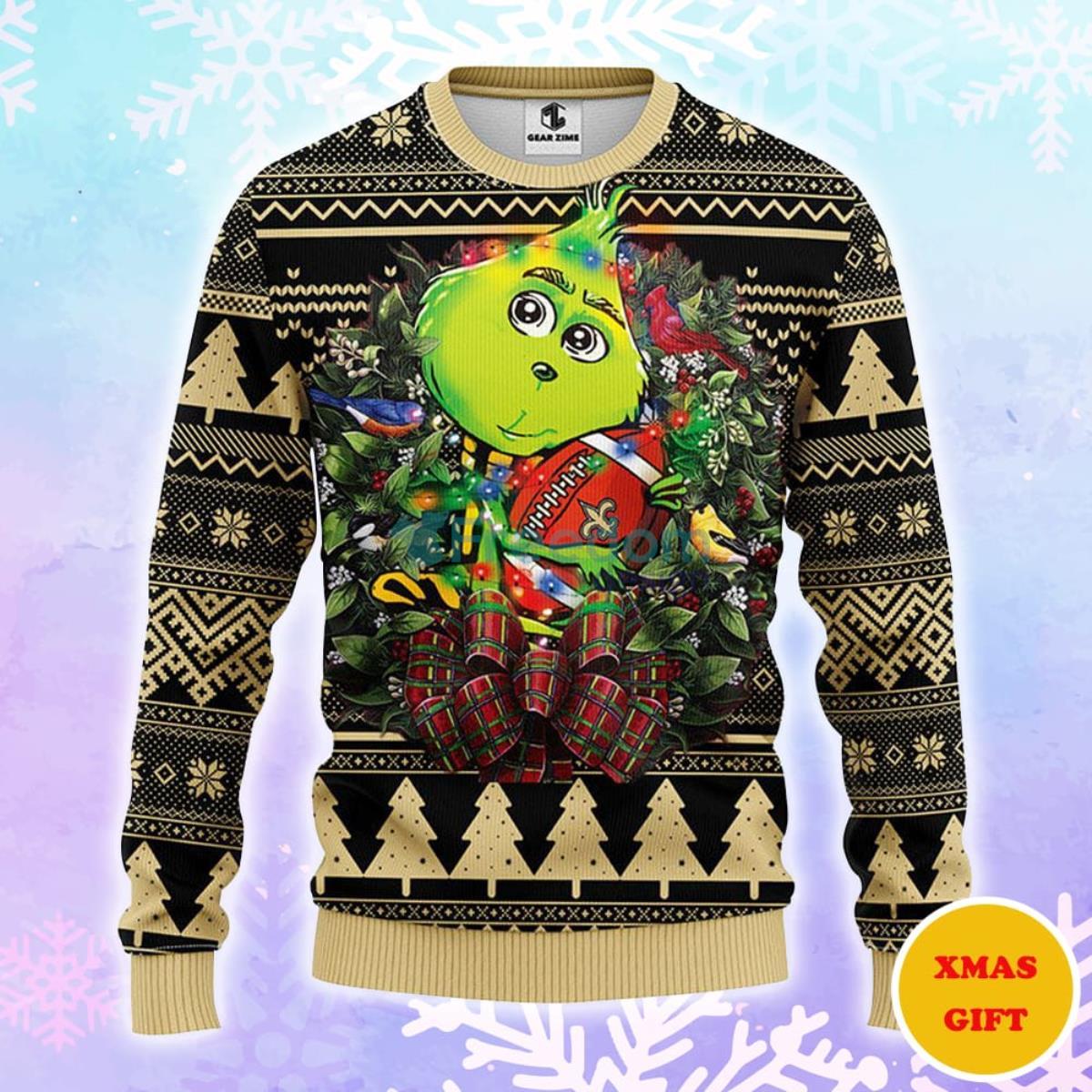 New Orleans Saints Grinch Hug Christmas AOP Sweater Product Photo 1