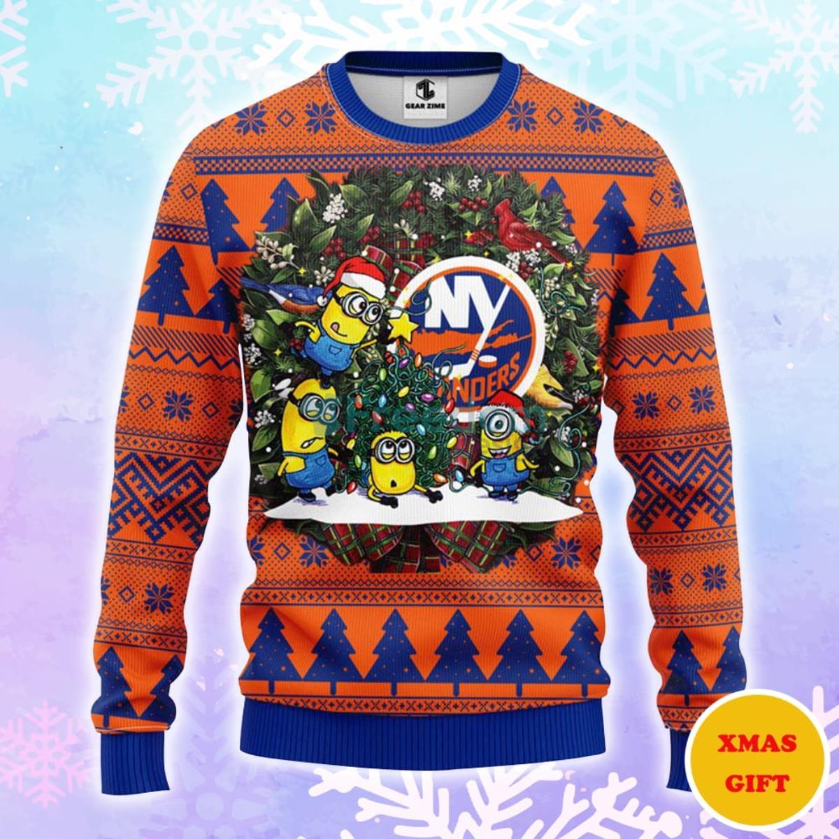 New York Islanders Minion Christmas AOP Sweater Product Photo 1