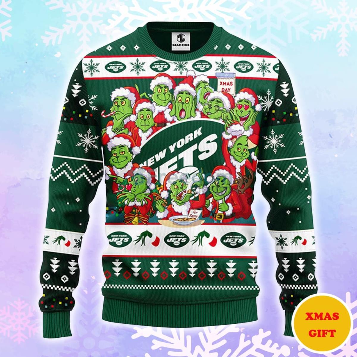 New York Jets 12 Grinch Xmas Day Christmas AOP Sweater Product Photo 1