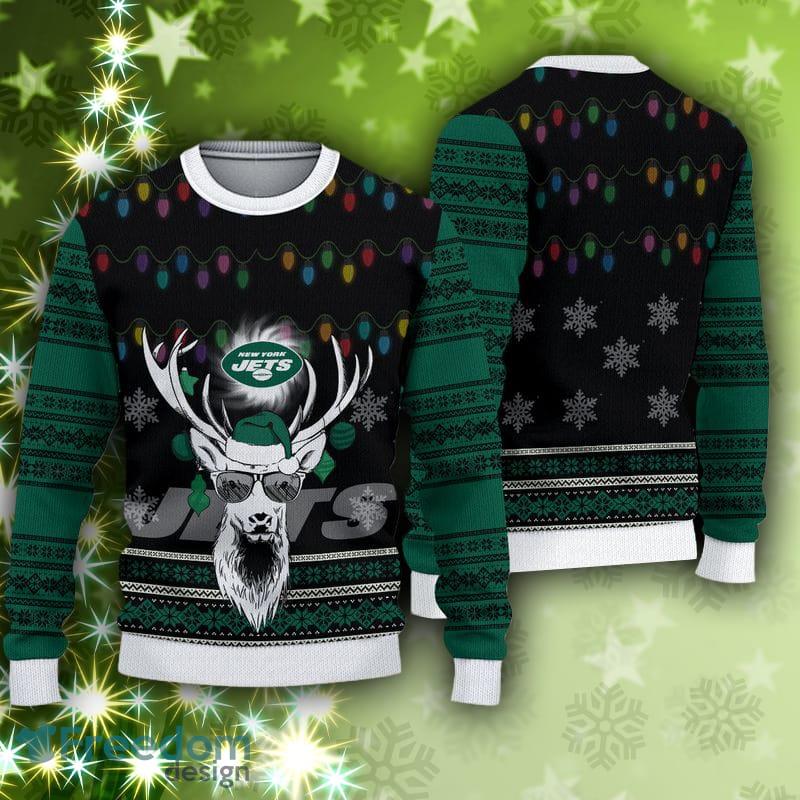 New York Jets Christmas Light Reindeer Ugly Christmas Sweater