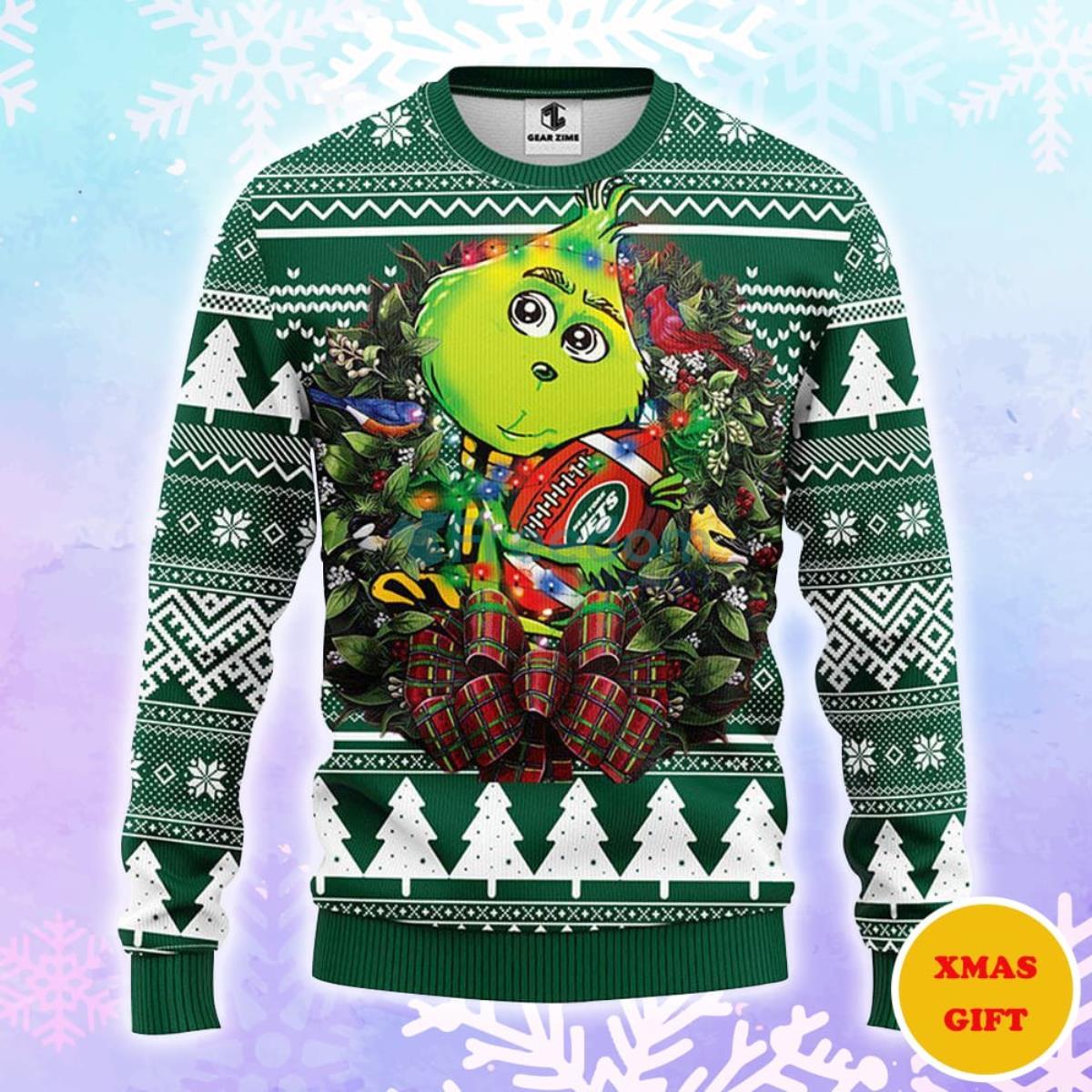 New York Jets Grinch Hug Christmas AOP Sweater Product Photo 1