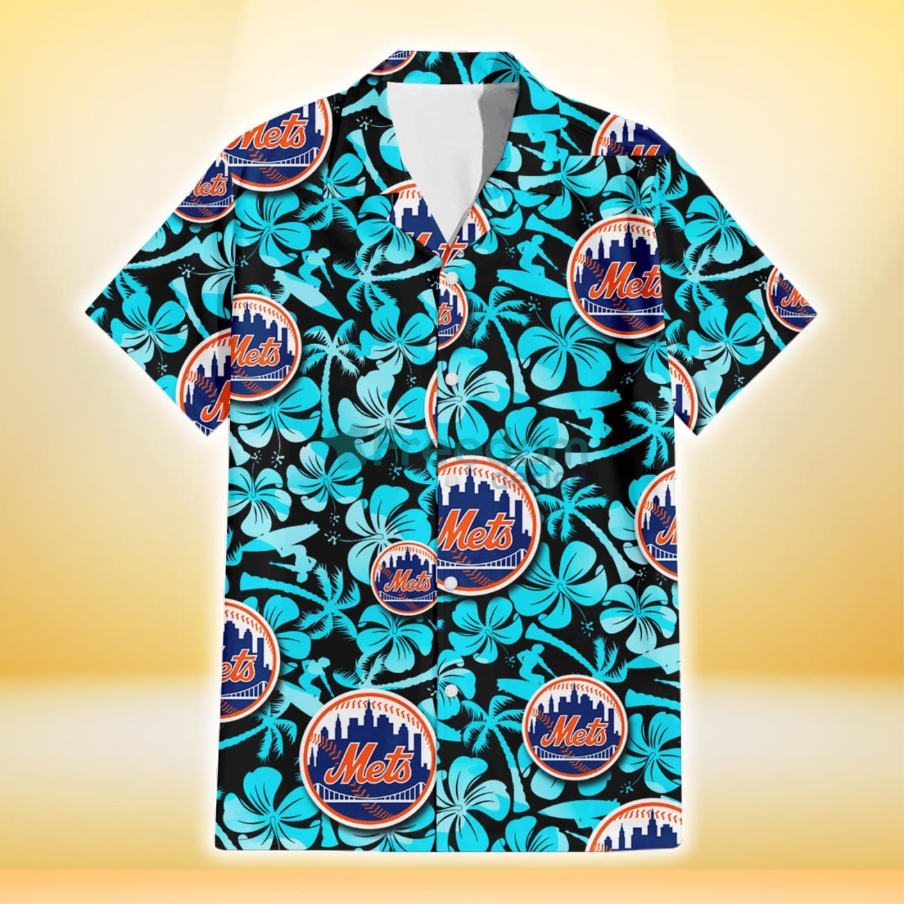 New York Mets Blue Hibiscus Blue Coconut Tree Black Background 3D Hawaiian  Shirt Gift For Fans - Freedomdesign