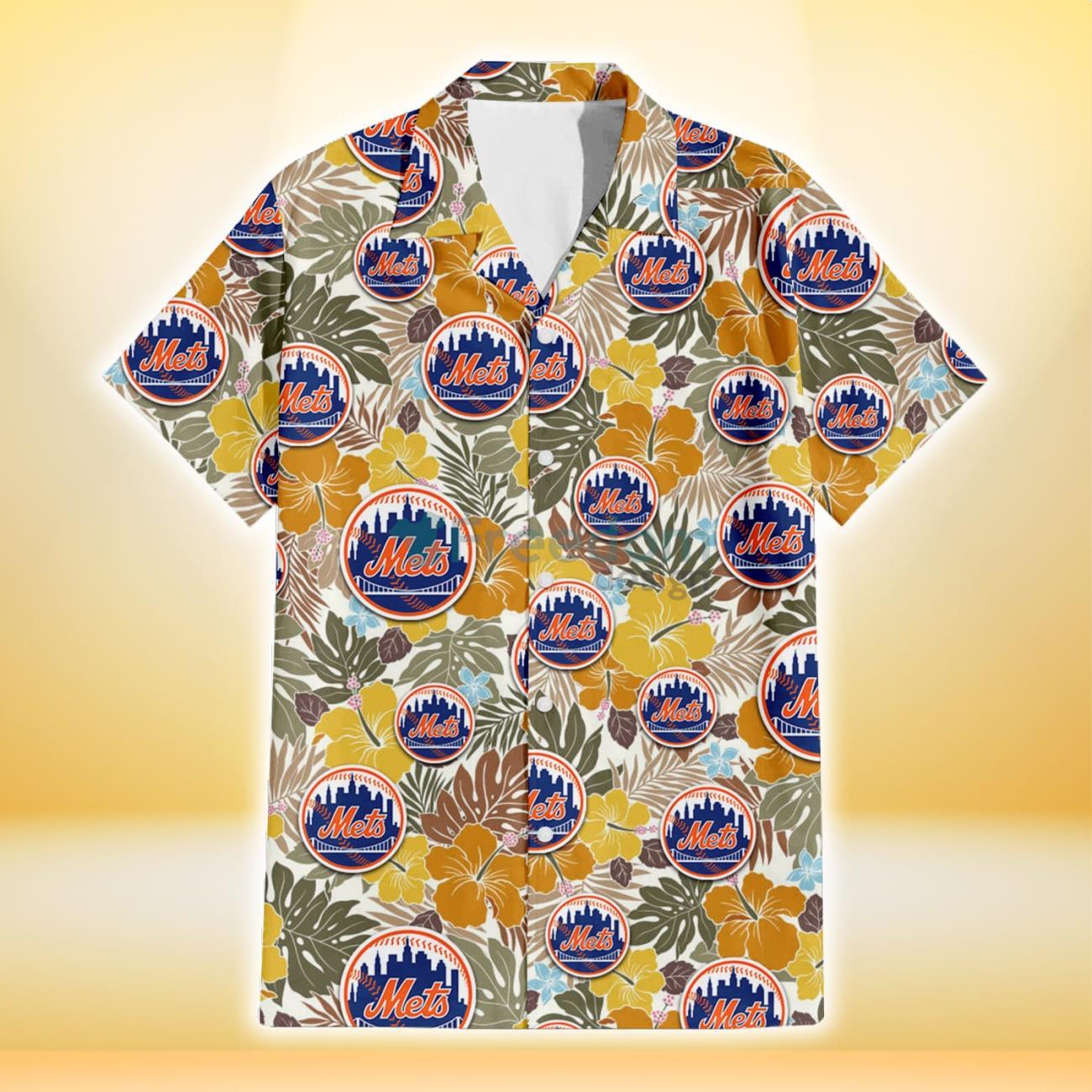 New York Mets Orange White Tropical Hibiscus Green Leaf 3D Hawaiian Shirt  Gift For Fans - Freedomdesign