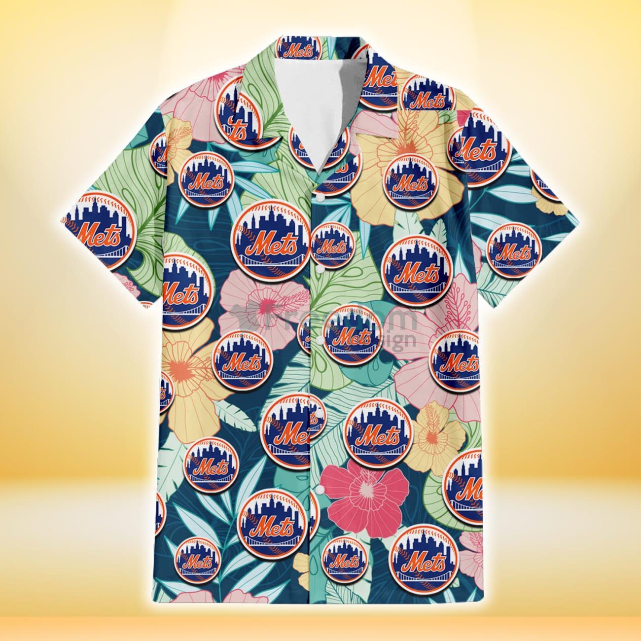 New York Mets Orange Hibiscus Green Tropical Leaf Dark Background 3D  Hawaiian Shirt Gift For Fans - Freedomdesign