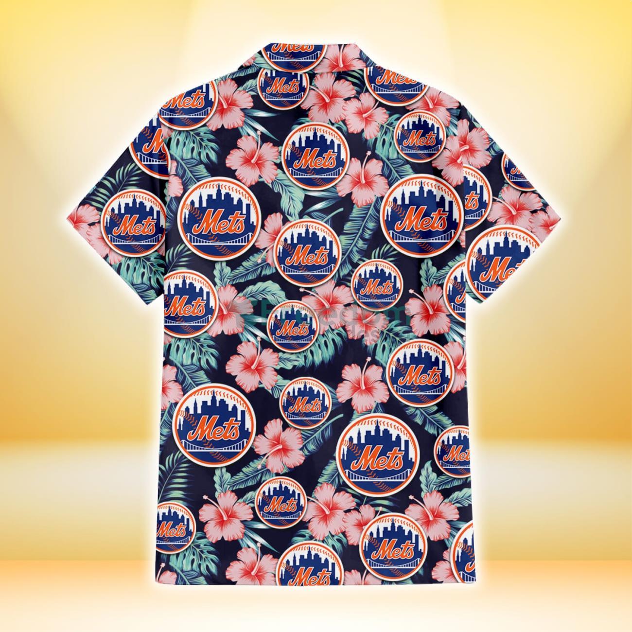 New York Mets Coral Hibiscus Green Leaf Beige Background 3D Hawaiian Shirt  Gift For Fans - Freedomdesign