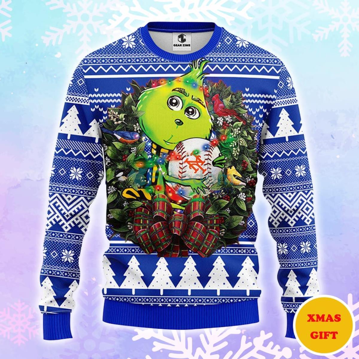 New York Mets Grinch Hug Christmas AOP Sweater Product Photo 1