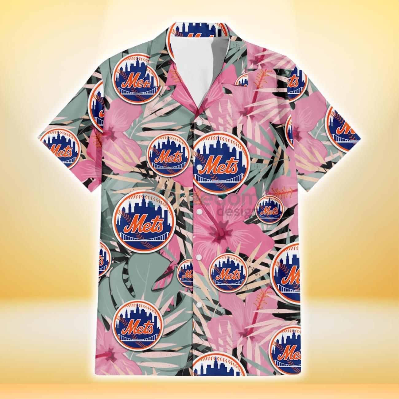 New York Mets Light Pink Hibiscus Pale Green Leaf Black Background 3D  Hawaiian Shirt Gift For Fans - Freedomdesign