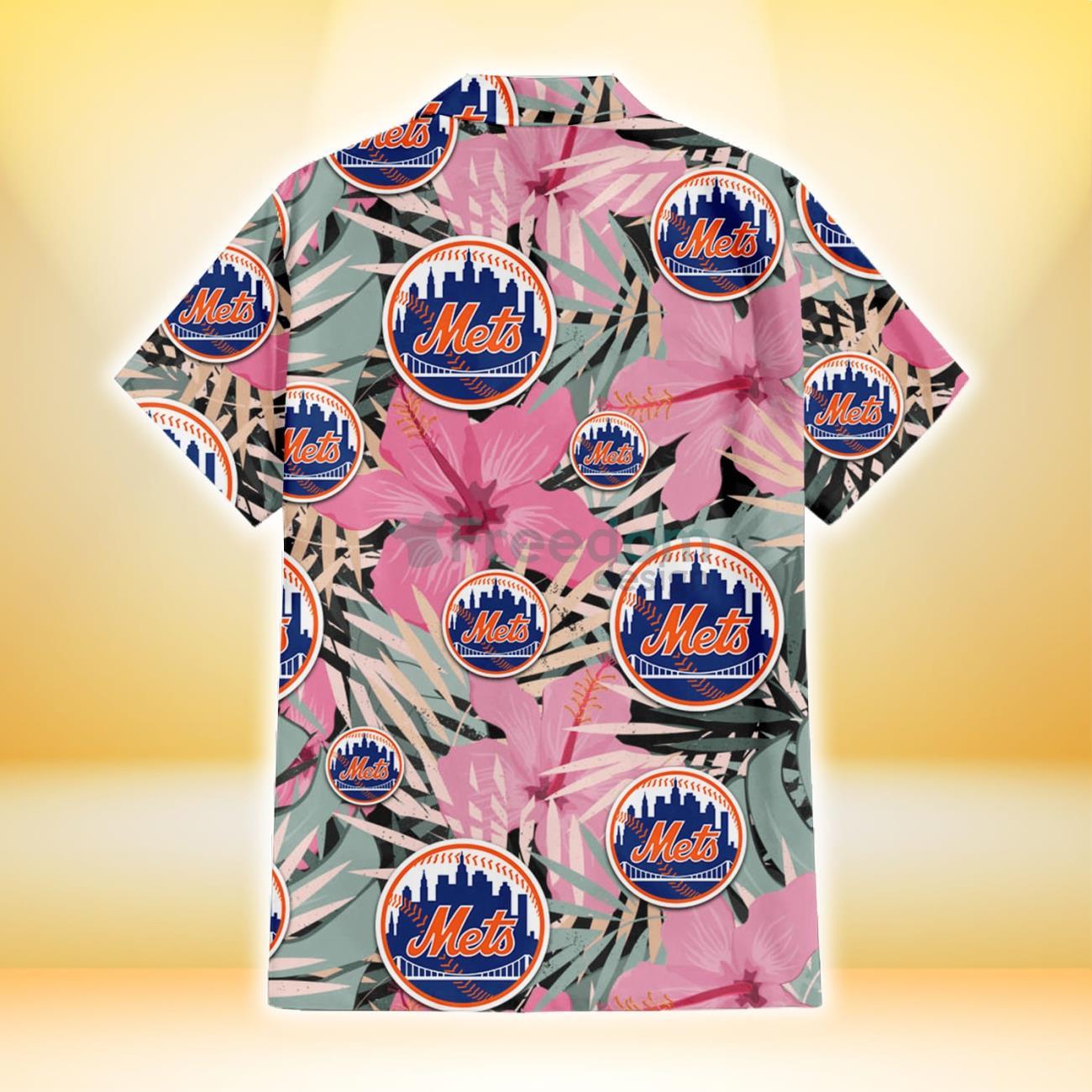 New York Mets Light Pink Hibiscus Pale Green Leaf Black Background 3D  Hawaiian Shirt Gift For Fans - Freedomdesign