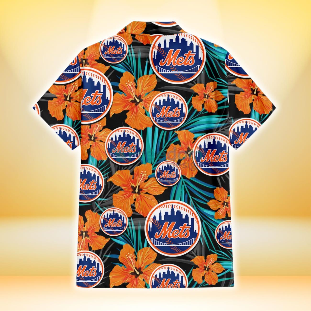 New York Mets Orange Hibiscus Blue Gray Leaf Black Background 3D Hawaiian  Shirt Gift For Fans - Freedomdesign