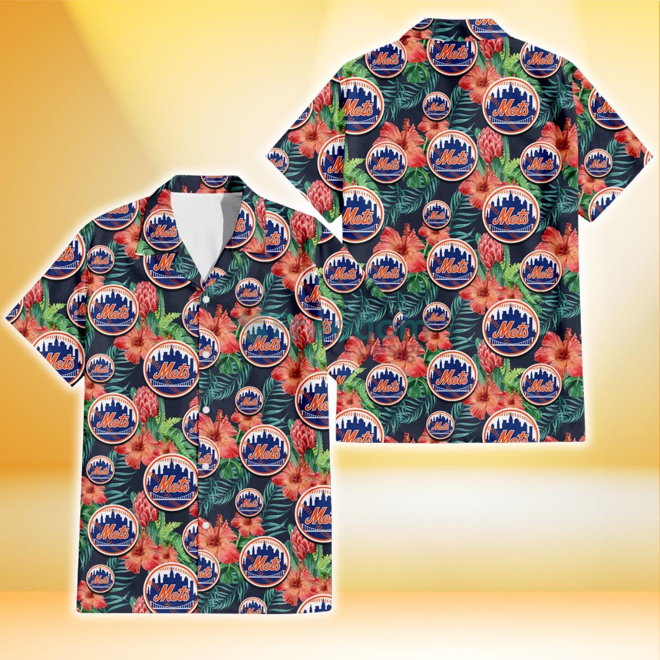 New York Mets Purple Hibiscus Neon Leaf Orange Background 3D Hawaiian Shirt  Gift For Fans - Limotees