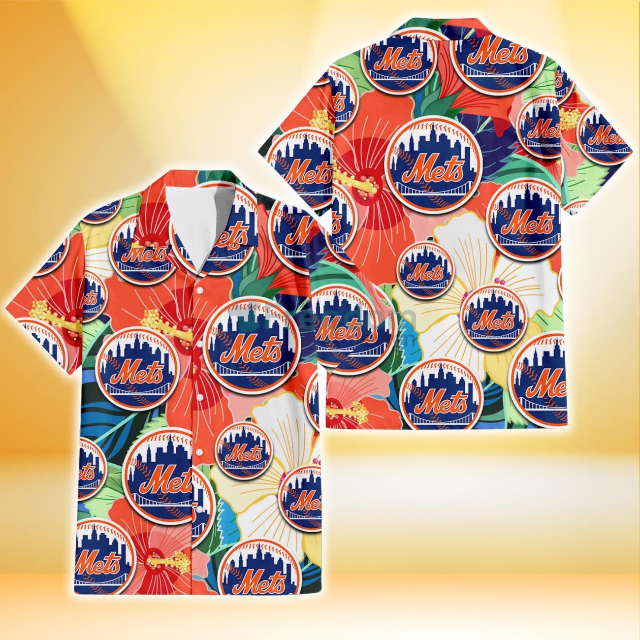 New York Mets Pink Orange Yellow White Hibiscus Black Background 3D  Hawaiian Shirt Gift For Fans - Limotees