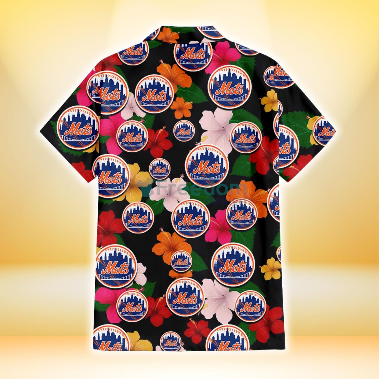 New York Mets Pink Orange Yellow White Hibiscus Black Background 3D  Hawaiian Shirt Gift For Fans - Limotees