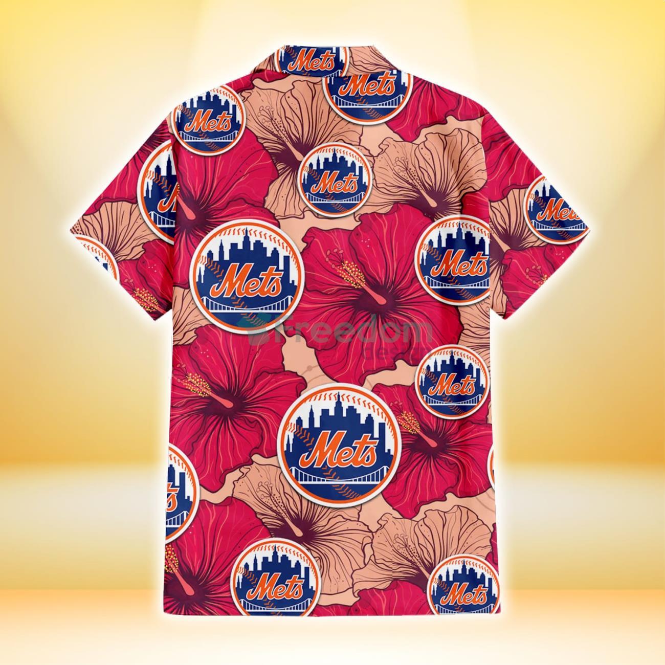 New York Mets Coral Hibiscus Green Leaf Beige Background 3D Hawaiian Shirt  Gift For Fans - Freedomdesign