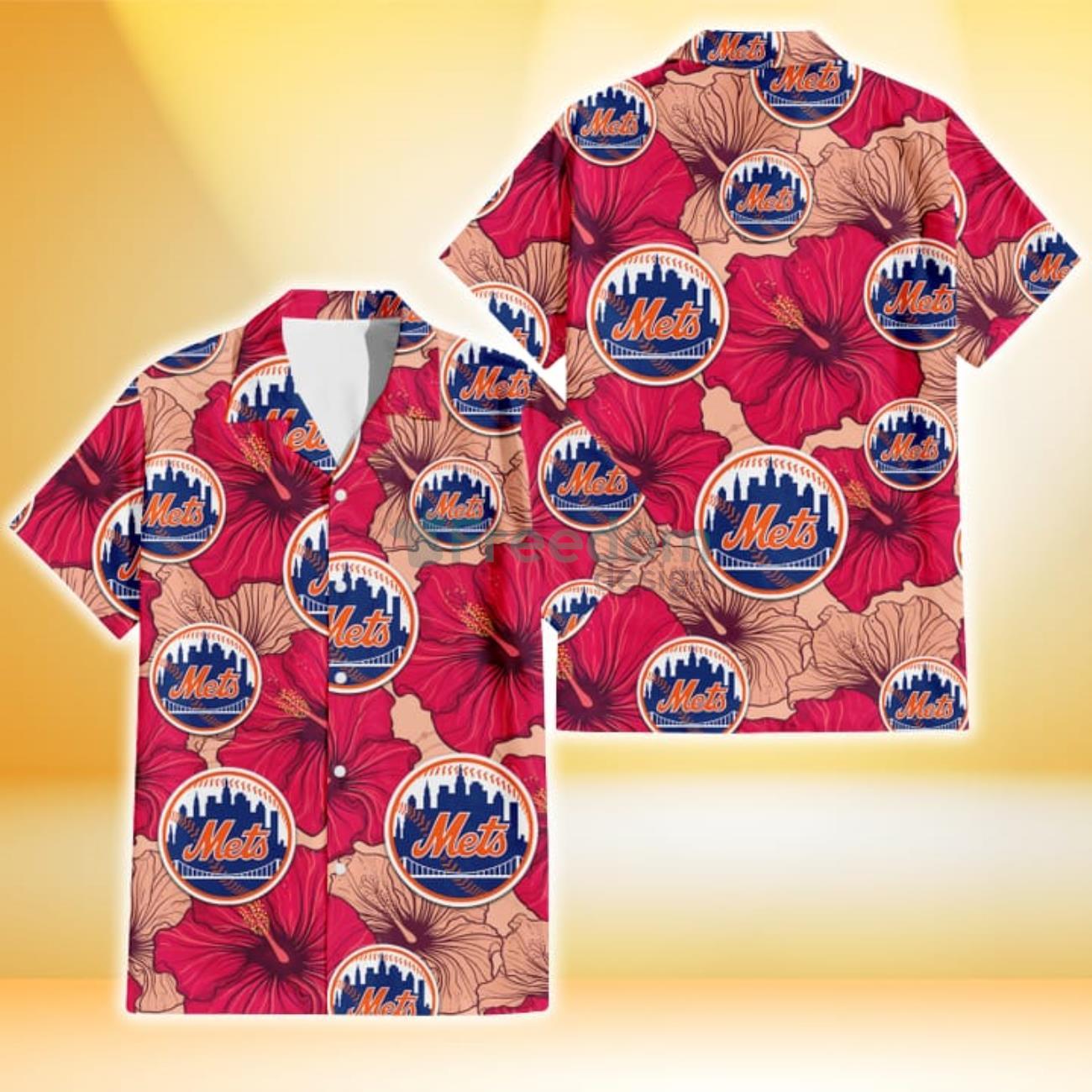 New York Mets Purple Hibiscus Neon Leaf Orange Background 3D Hawaiian Shirt  Gift For Fans - Limotees