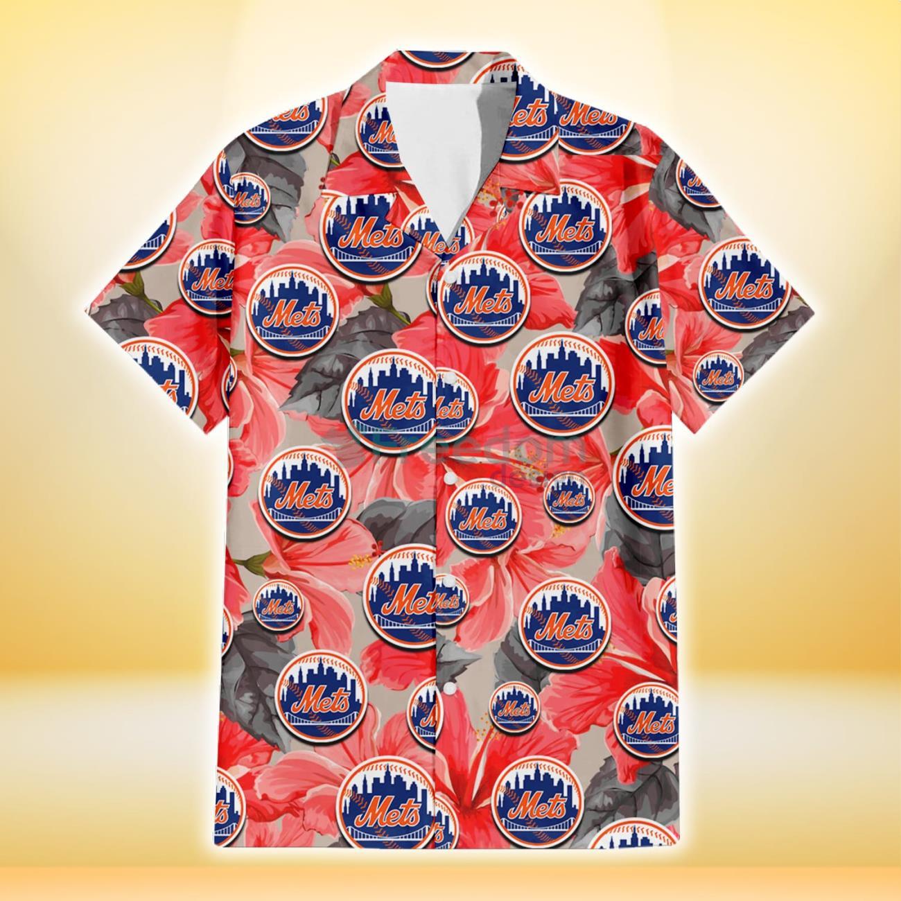 New York Mets Orange Hibiscus Blue Gray Leaf Black Background 3D Hawaiian  Shirt Gift For Fans - Freedomdesign