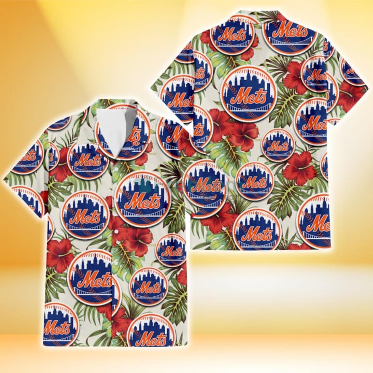 New York Mets Red Hibiscus Green Leaf Dark Background 3D Hawaiian Shirt  Gift For Fans - Freedomdesign