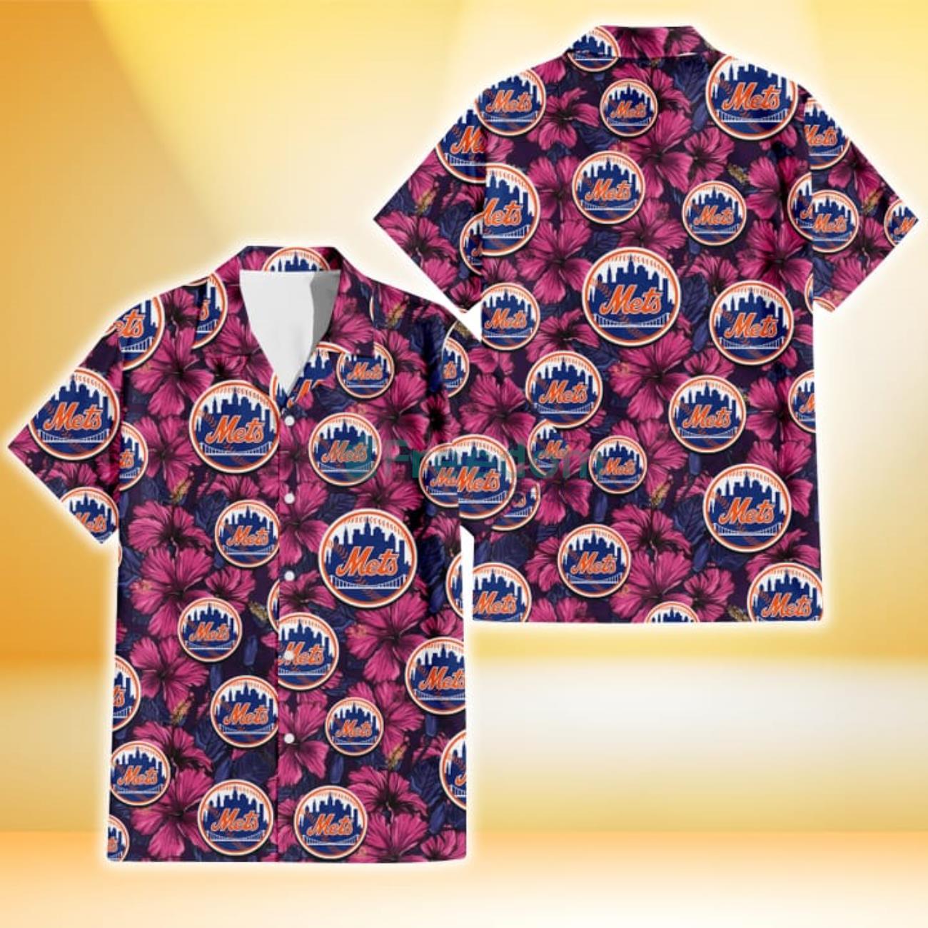 New York Mets Violet Red Hibiscus Blue Leaf Black Background 3D Hawaiian  Shirt Gift For Fans - Freedomdesign
