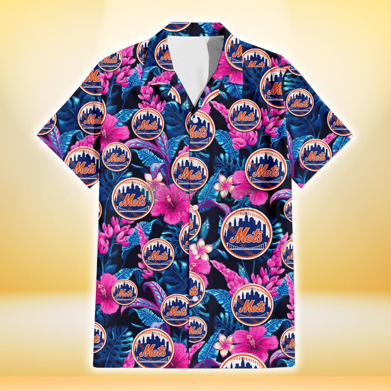 New York Mets White Tropical Leaf Red Hibiscus Navy Background 3D