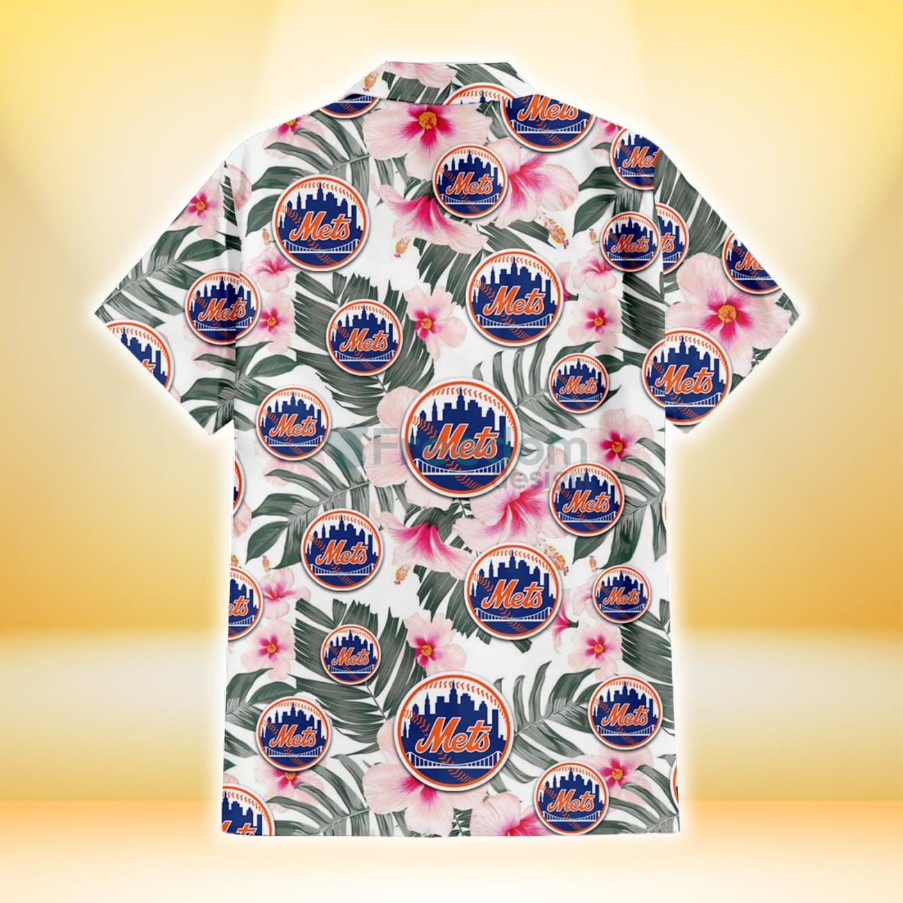 New York Mets White Hibiscus Indian Red Background 3D Hawaiian Shirt Gift  For Fans - Freedomdesign