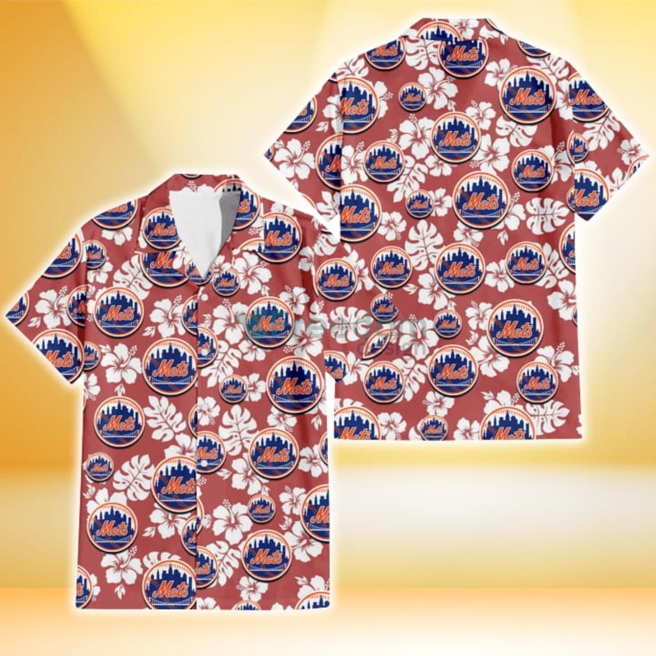 New York Mets White Hibiscus Indian Red Background 3D Hawaiian Shirt Gift  For Fans - Freedomdesign