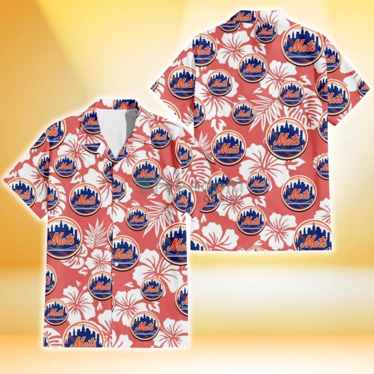 New York Mets Pink Blue Hibiscus White Background 3D Hawaiian