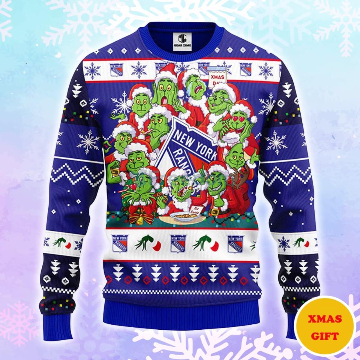 New York Rangers 12 Grinch Xmas Day Christmas AOP Sweater Product Photo 1