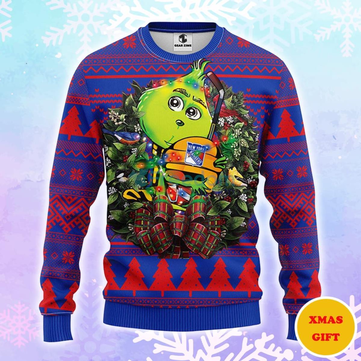 New York Rangers Grinch Hug Christmas AOP Sweater Product Photo 1