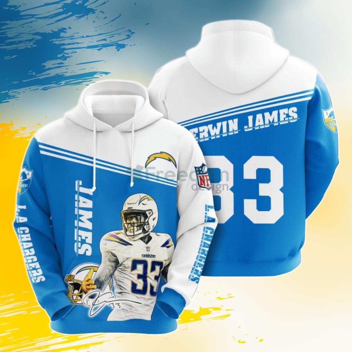 NFL Los Angeles Chargers Derwin James Powder Blue White 3D Pullover Hoodie For Fans Product Photo 1