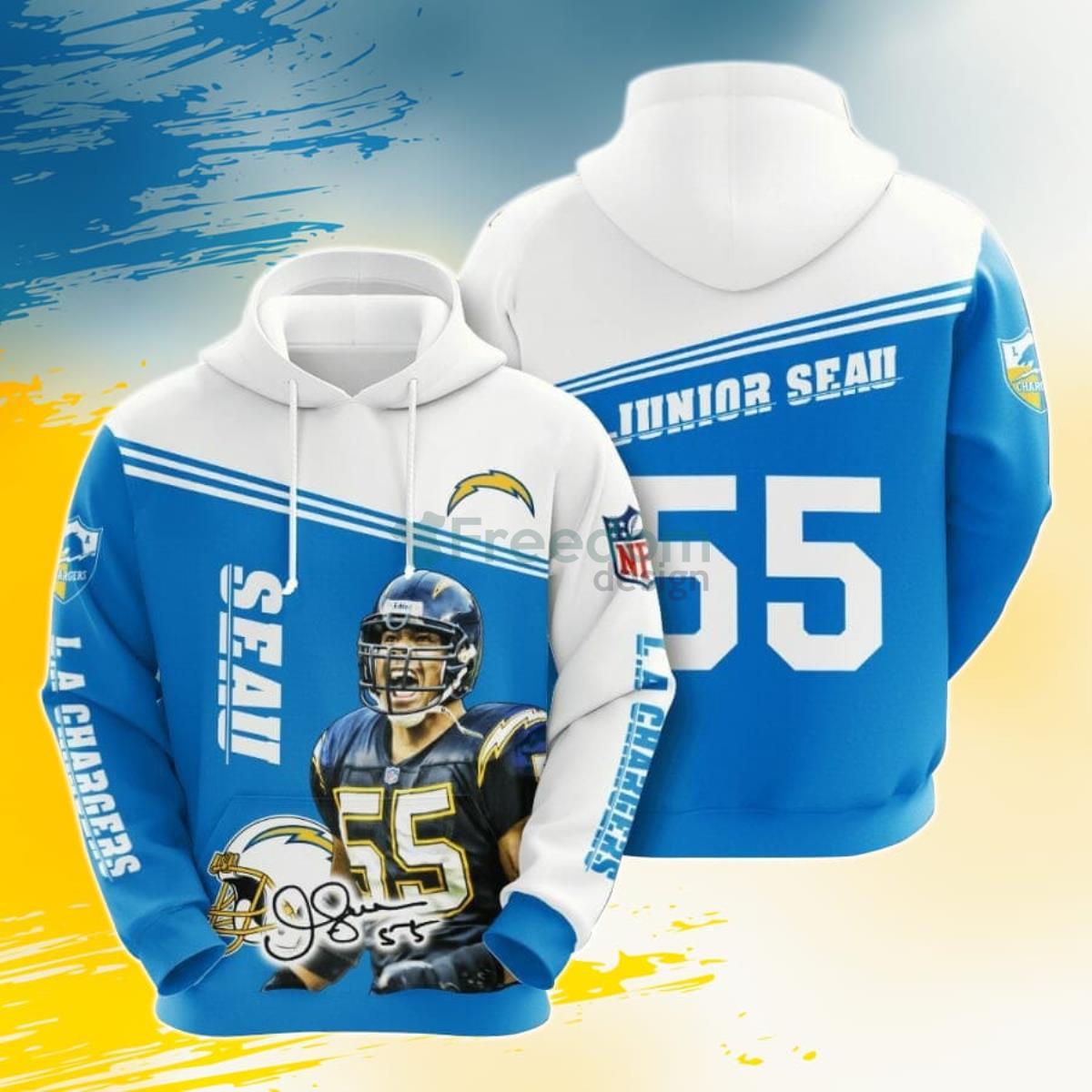 NFL Los Angeles Chargers Junior Seau Powder Blue White 3D Pullover Hoodie For Fans Product Photo 1