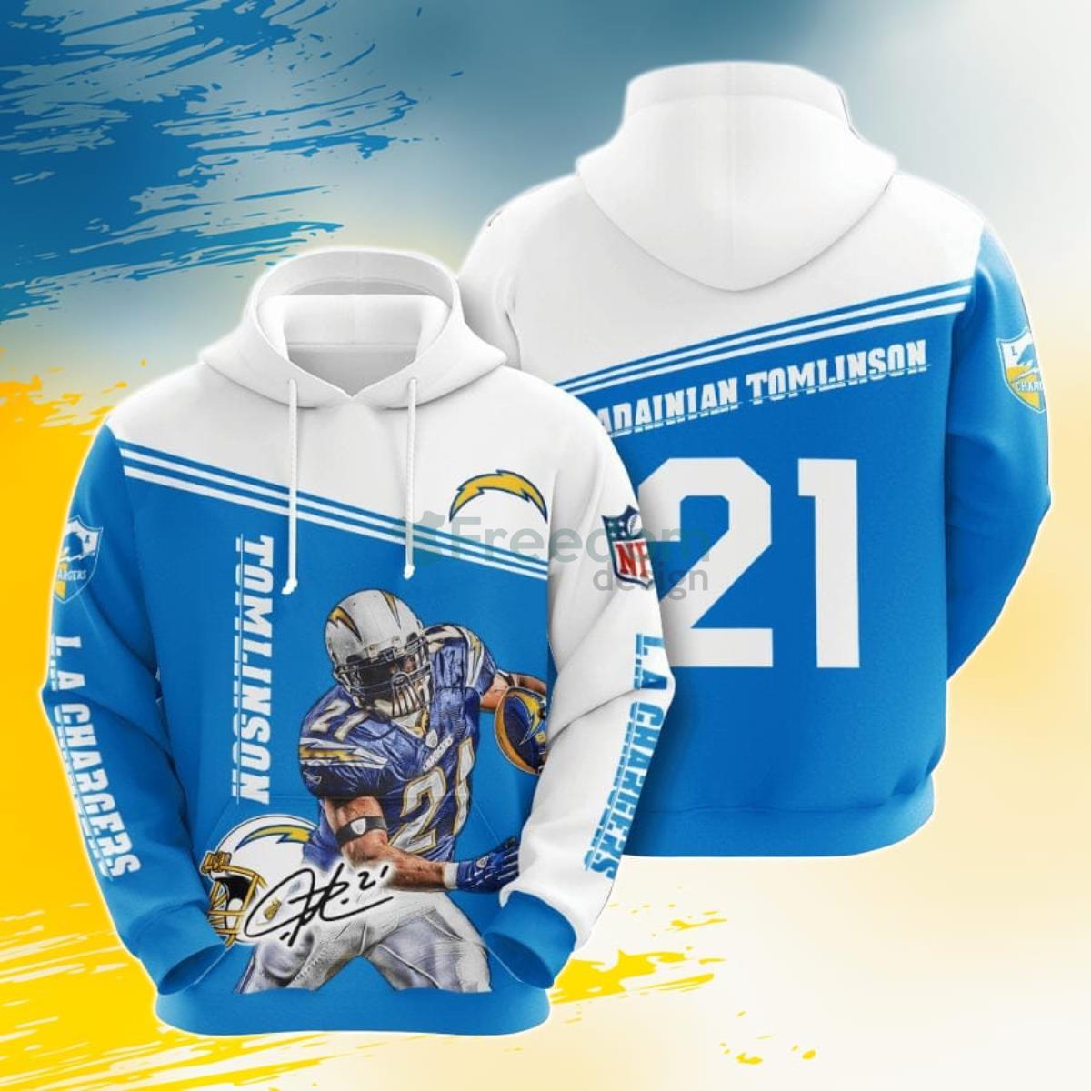 NFL Los Angeles Chargers LaDainian Tomlinson Powder Blue White 3D Pullover Hoodie For Fans Product Photo 1