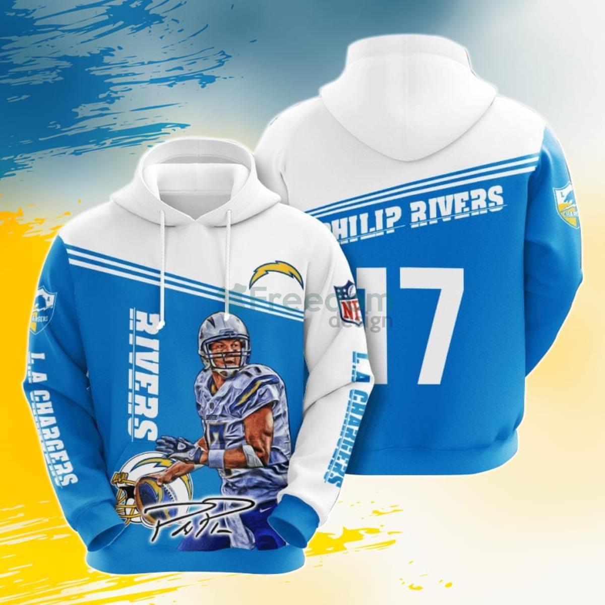 NFL Los Angeles Chargers Philip Rivers Powder Blue White 3D Pullover Hoodie For Fans Product Photo 1