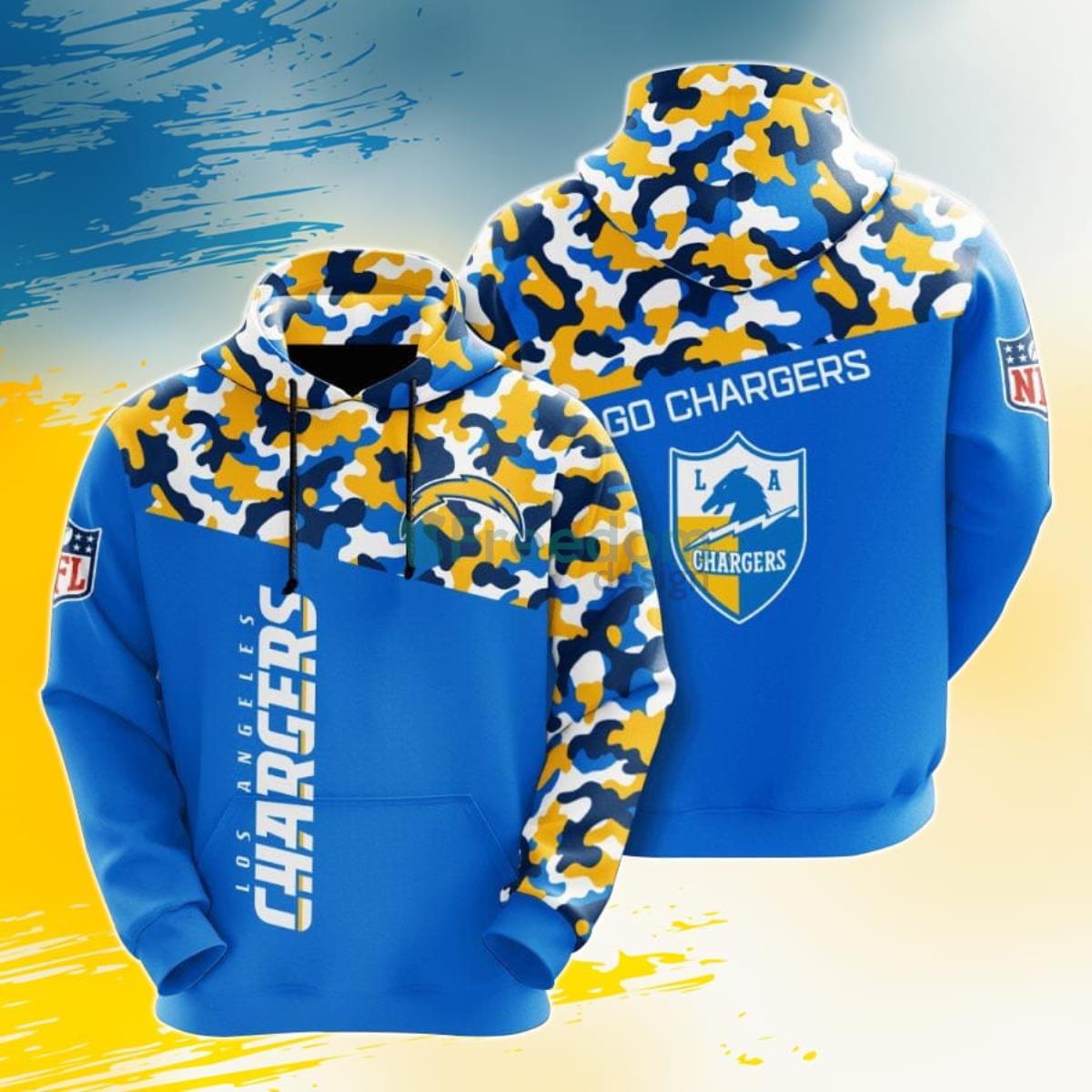 NFL Los Angeles Chargers Powder Blue Gold Camo 3D Pullover Hoodie For Fans Product Photo 1