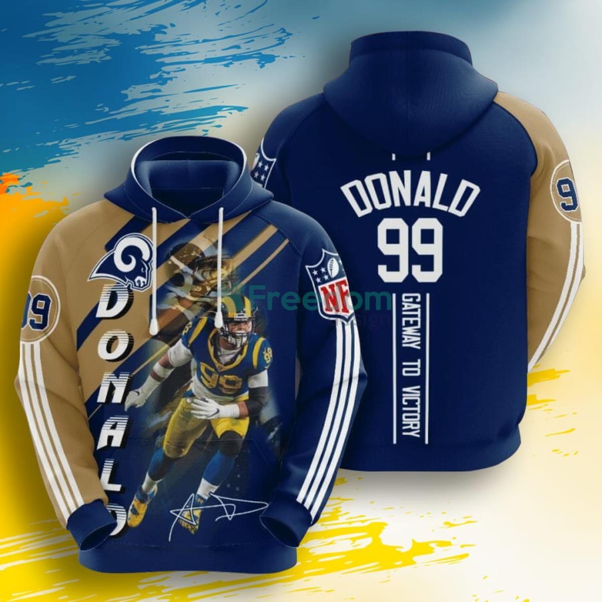 NFL Los Angeles Rams Aaron Donald Blue Gold 3D Pullover Hoodie For Fans Product Photo 1