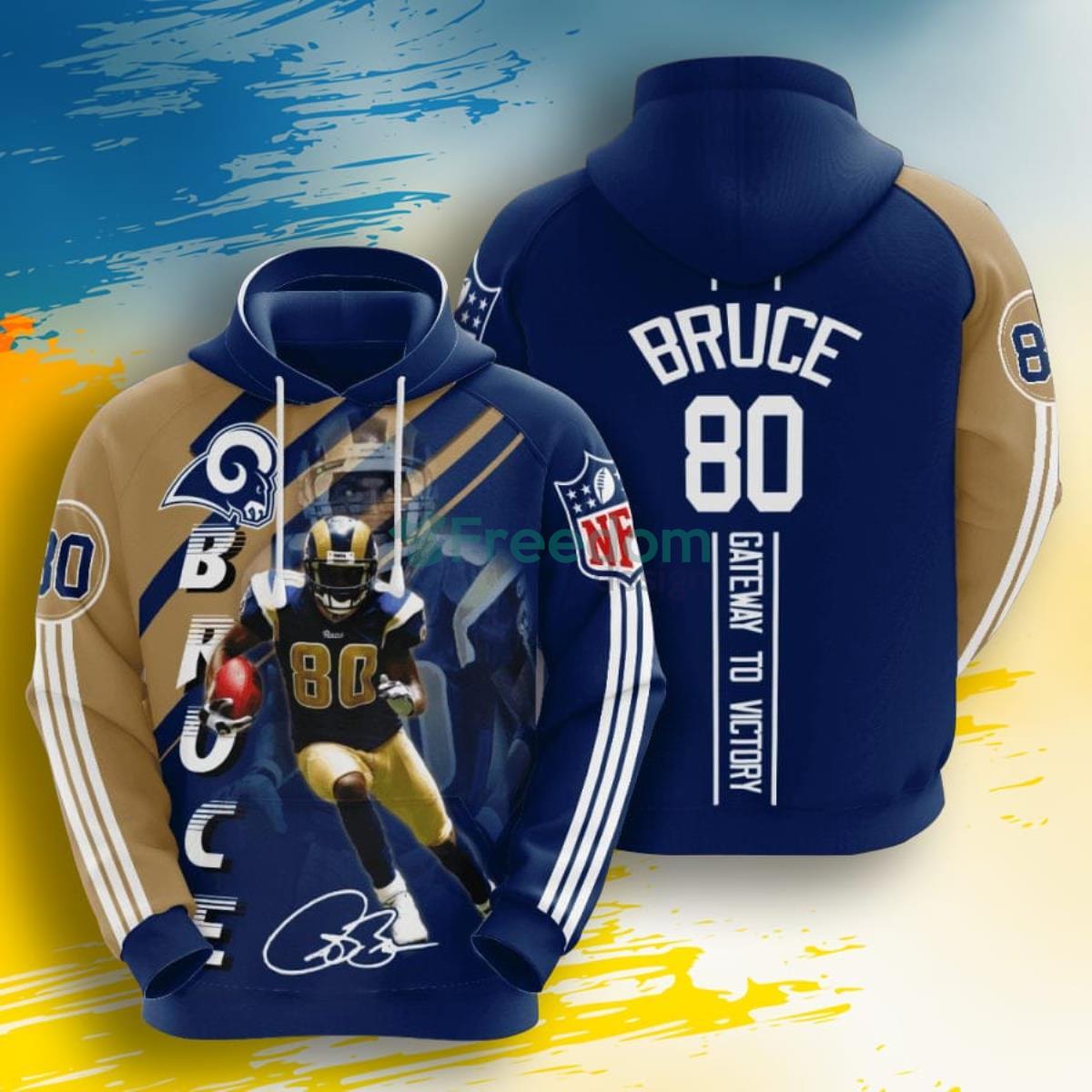 NFL Los Angeles Rams Isaac Bruce Blue Gold Stripes 3D Pullover Hoodie For Fans Product Photo 1