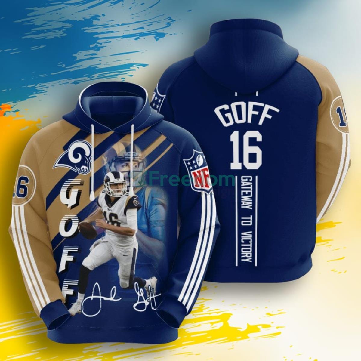 NFL Los Angeles Rams Jared Goff Blue Gold Stripes 3D Pullover Hoodie For Fans Product Photo 1