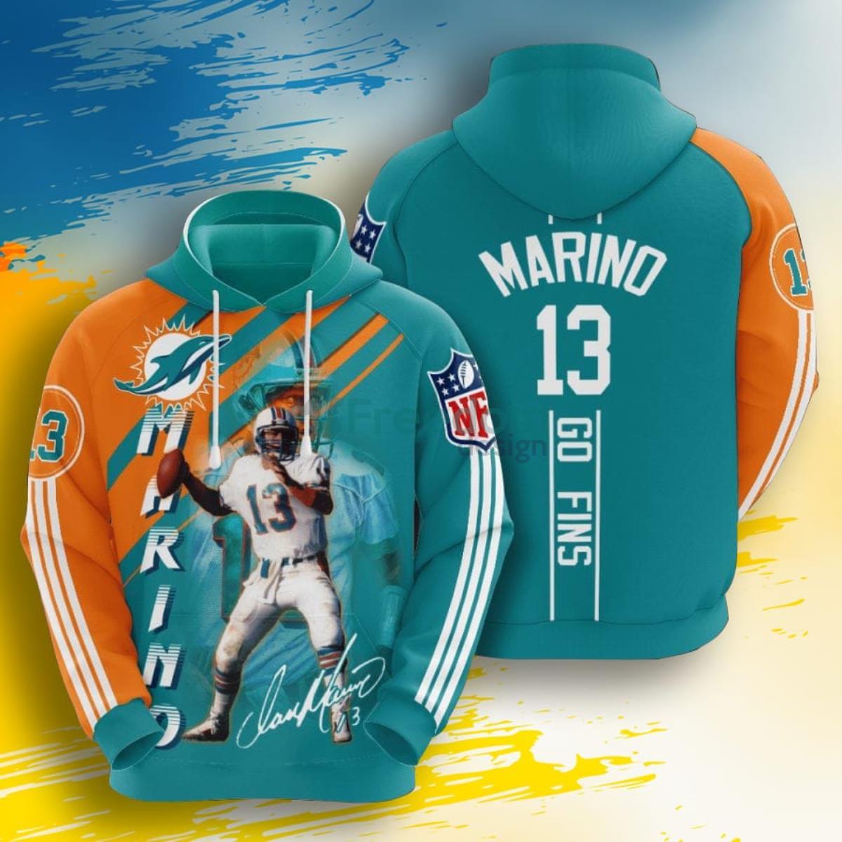 NFL Miami Dolphins Dan Marino Aqua Orange Stripes 3D Pullover Hoodie For Fans Product Photo 1