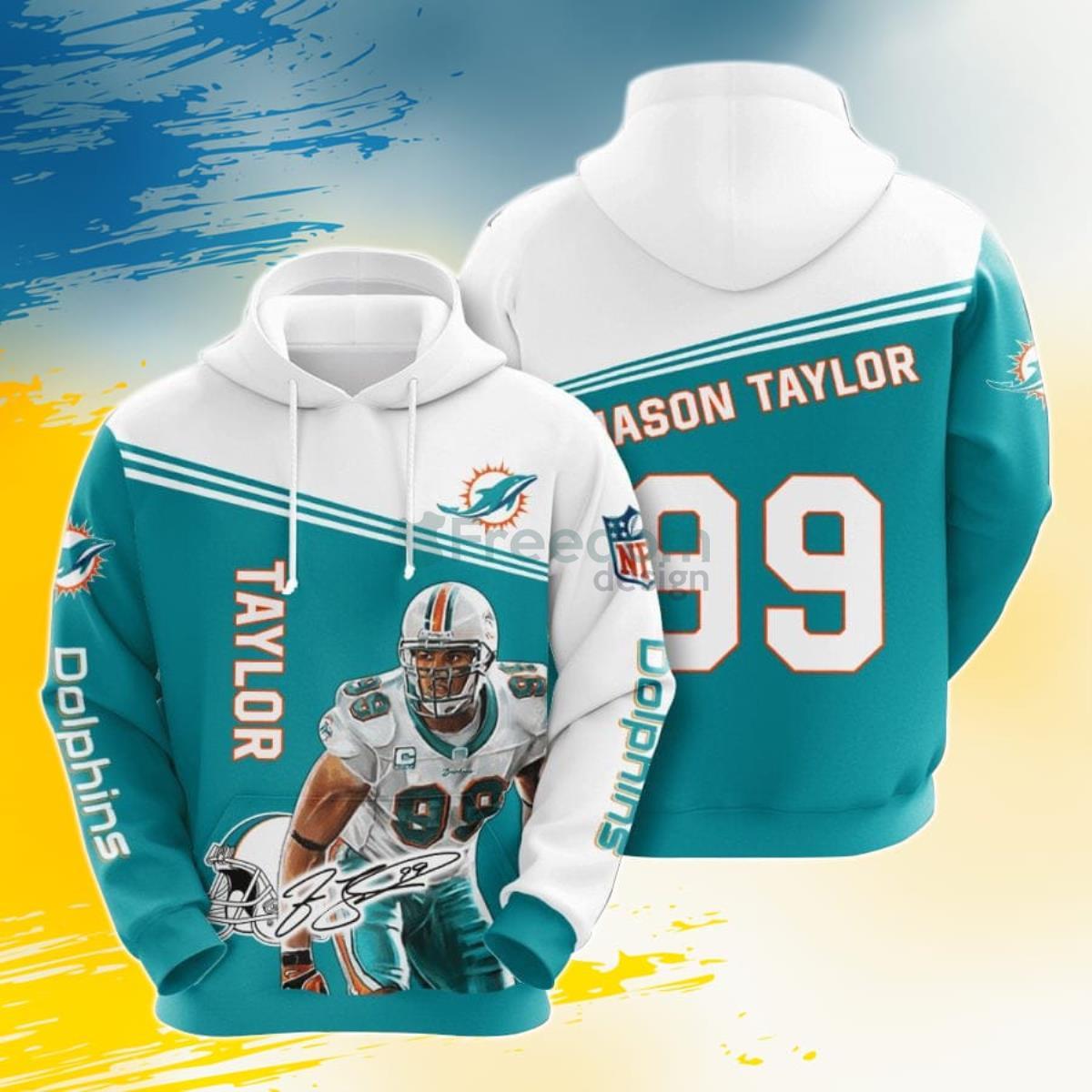 NFL Miami Dolphins Jason Taylor Aqua White 3D Pullover Hoodie For Fans Product Photo 1