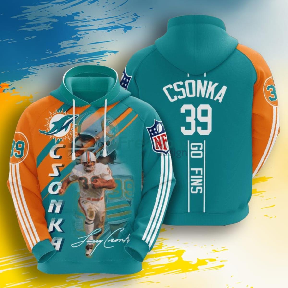 NFL Miami Dolphins Larry Csonka Aqua Orange Stripes 3D Pullover Hoodie For Fans Product Photo 1