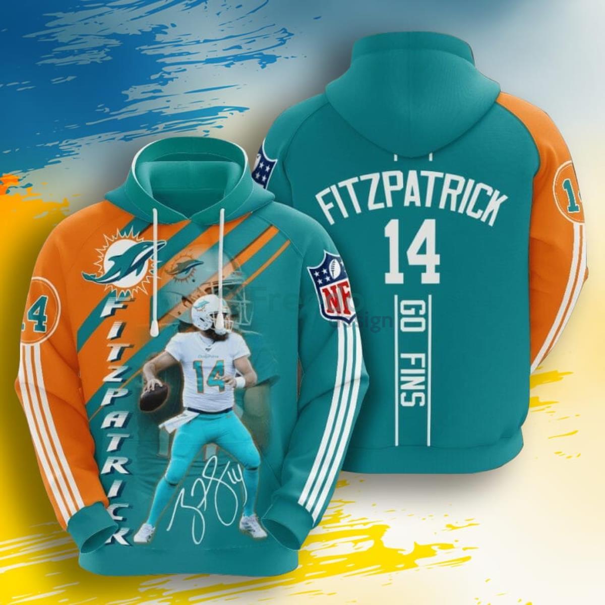 NFL Miami Dolphins Ryan Fitzpatrick Aqua Orange 3D Pullover Hoodie For Fans Product Photo 1