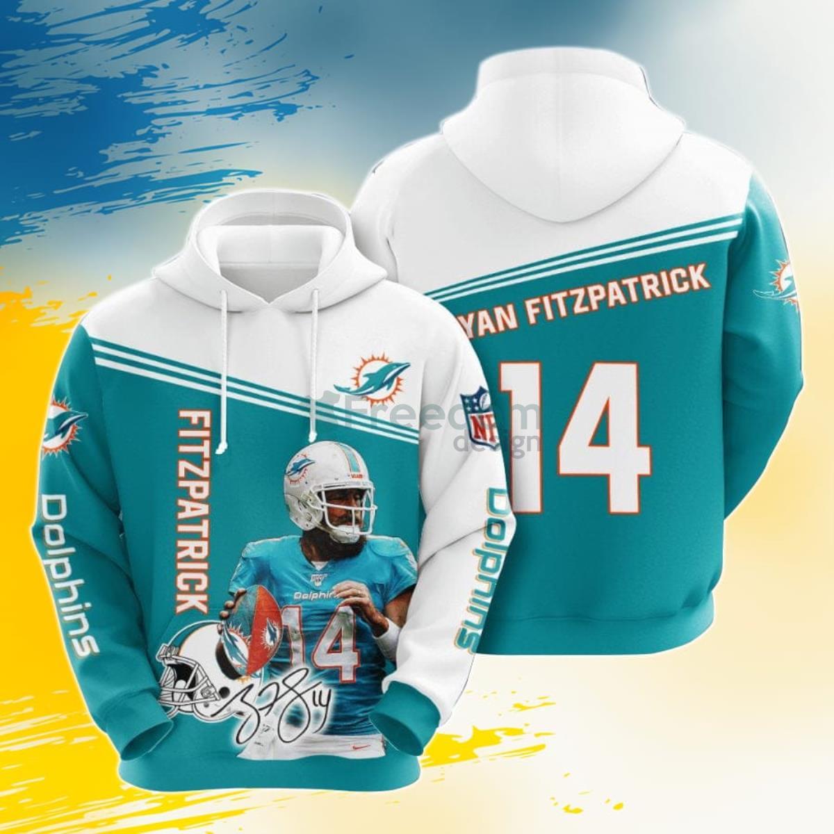 NFL Miami Dolphins Ryan Fitzpatrick Aqua White 3D Pullover Hoodie For Fans Product Photo 1