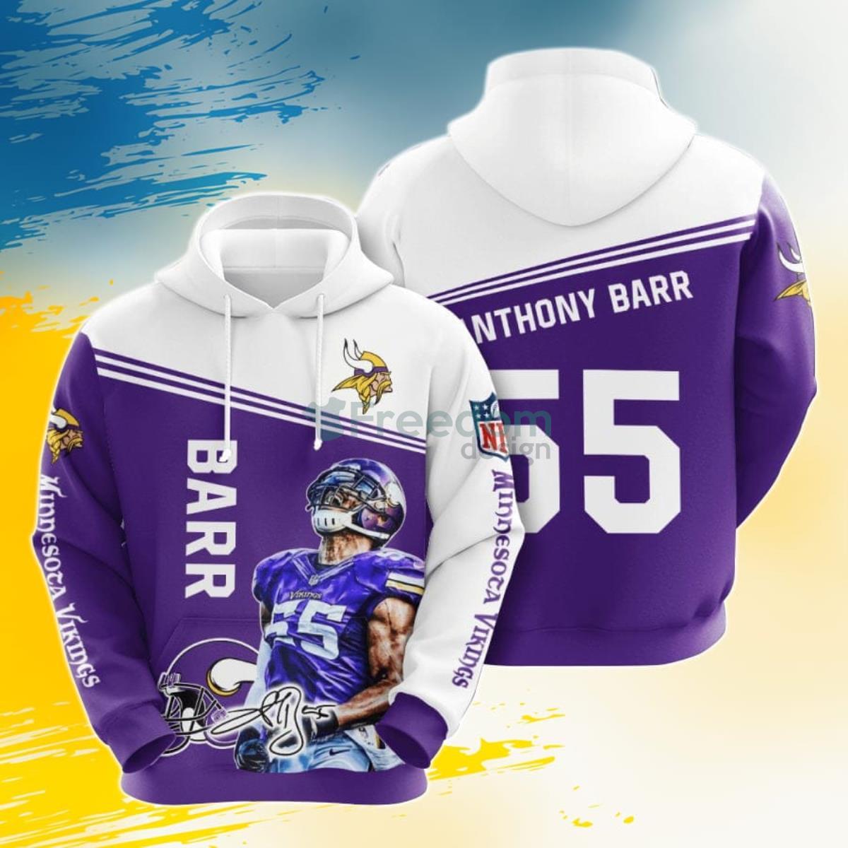 NFL Minnesota Vikings Anthony Barr Purple White 3D Pullover Hoodie For Fans Product Photo 1