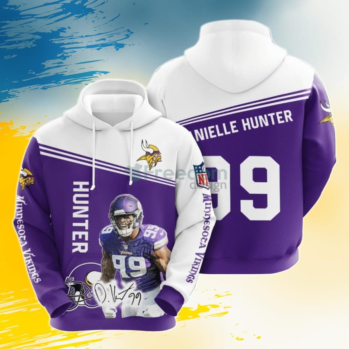 NFL Minnesota Vikings Danielle Hunter Purple White 3D Pullover Hoodie For Fans Product Photo 1